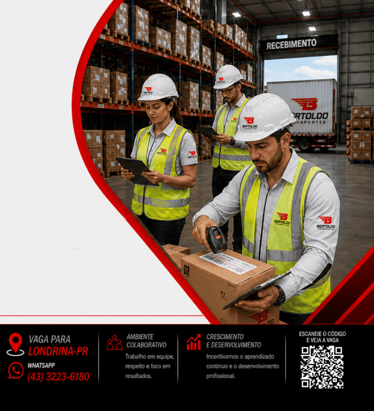 Cerca de 100 caracteres: Equipe de conferentes na logística de transporte da Bertoldo Transportes em.